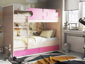 Кровать двухъярусная Тетрис латы с бортиками дуб млечный-розовый в Коркино - korkino.mebel74.com | фото 1